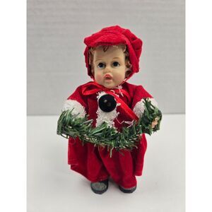 Vintage Christmas Caroler Child Doll Figurine in Red Holiday Outfit